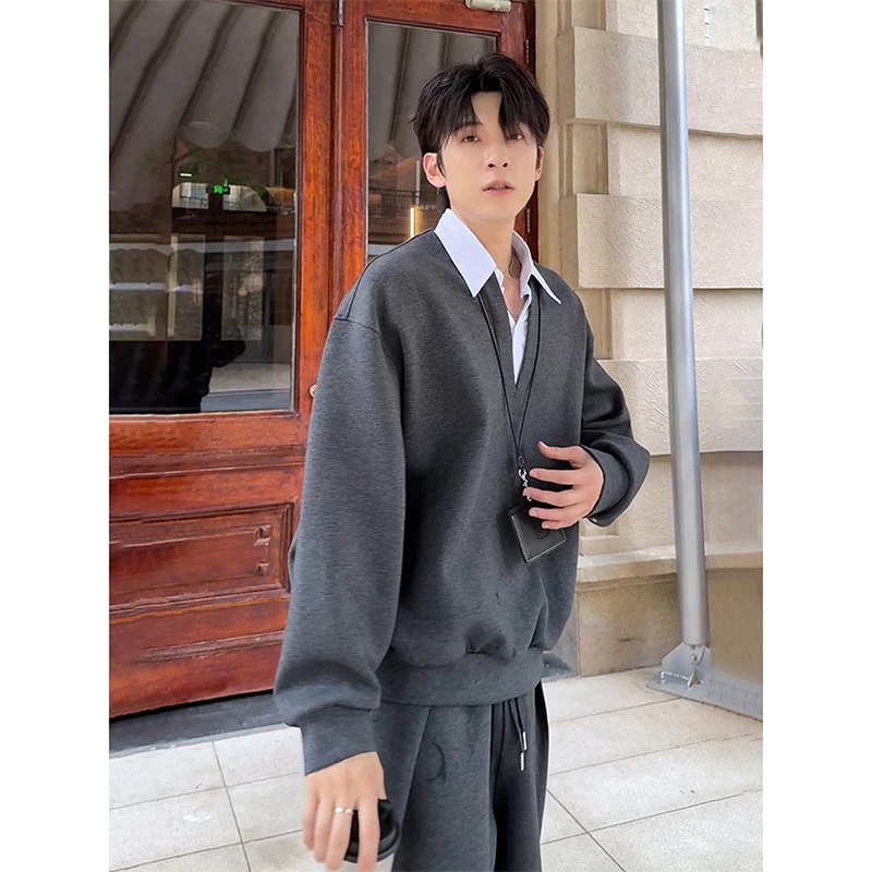 灰色假两件拼接卫衣男生韩系早秋穿搭一整套重磅美式阔腿裤子套装