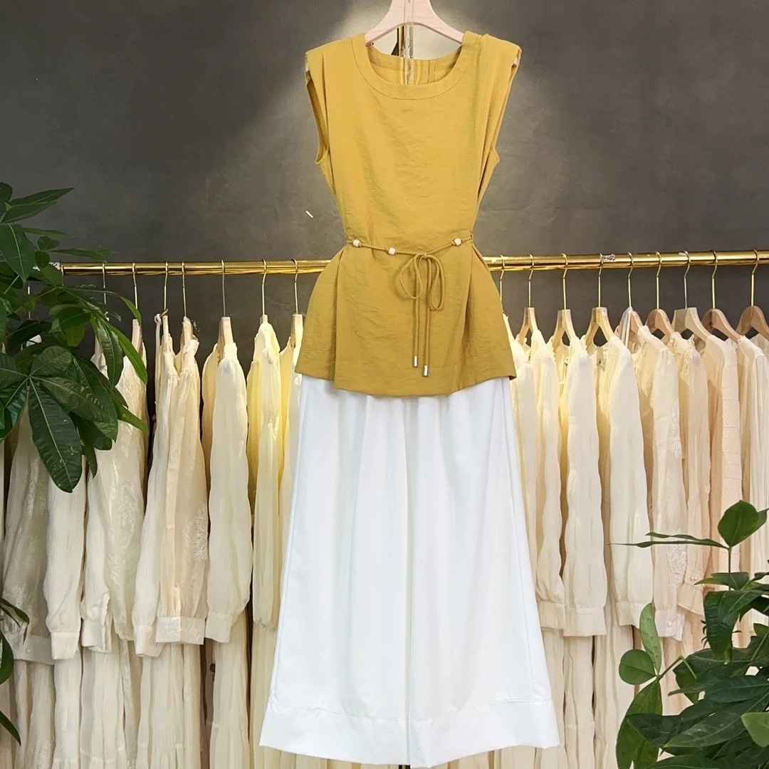 A392 夏季2025新款圆领系腰带无袖衬衫+阔腿裤两件套套装