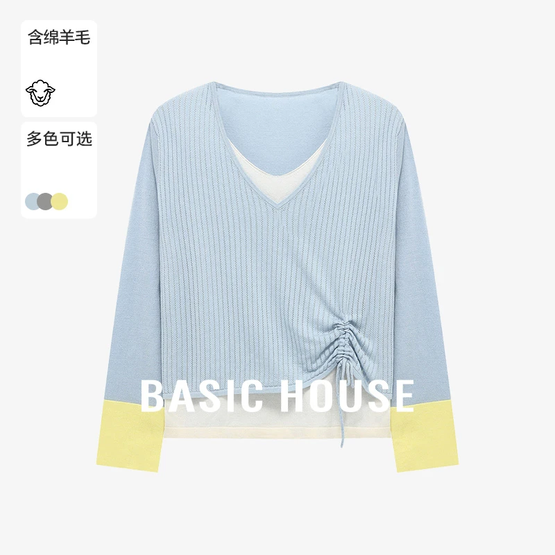 Basic House/百家好春新款设计感袖口拼接撞色针织衫-B0625H5N632