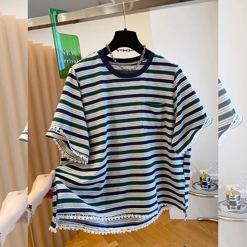 复古条纹圆领拼接蕾丝短袖大码T恤女夏季新款显瘦设计感个性上衣