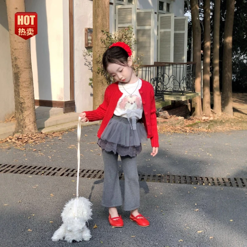 韩版秋季新款女童蕾丝小狗打底衫花边喇叭裤红女秋季韩版红色套装