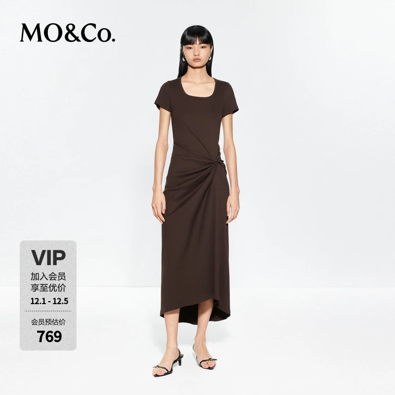MOCO连衣裙2025夏新品解构扭结高腰收腰短袖正肩长裙MBE2DRS002