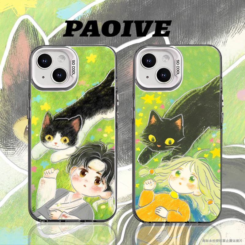 涂鸦猫咪男女孩适用苹果华为一加iPhone小米三星防摔彩银手机壳