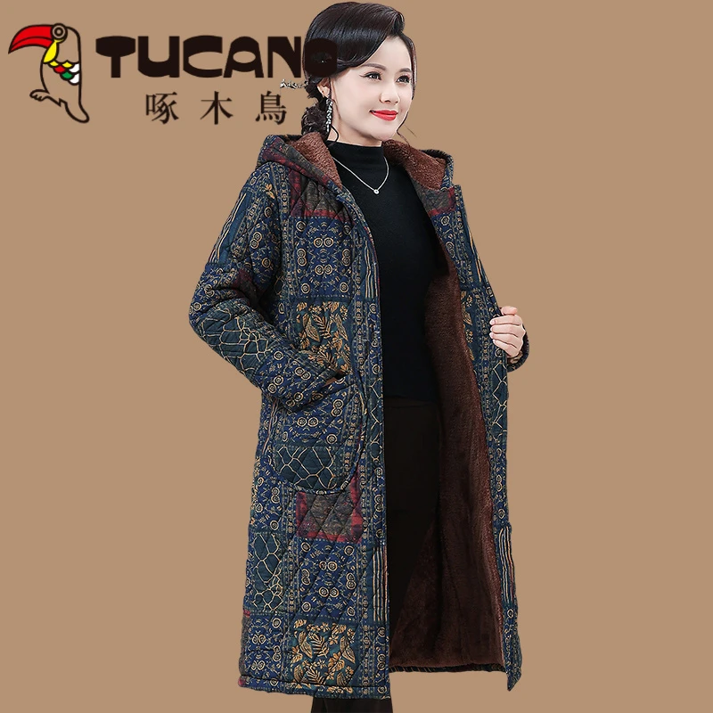 啄木鸟妈妈装花棉衣冬季2024款洋气冬装加绒保暖袄中老年女装中长