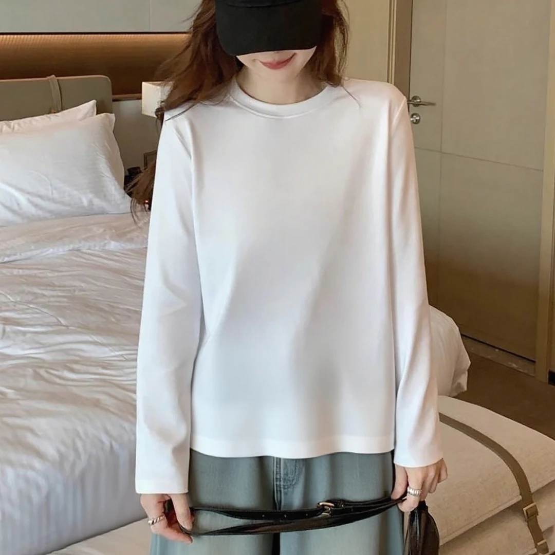 棉质长袖秋季学院风纯色ins圆领T恤遮肚显瘦老钱风松弛感女装上衣