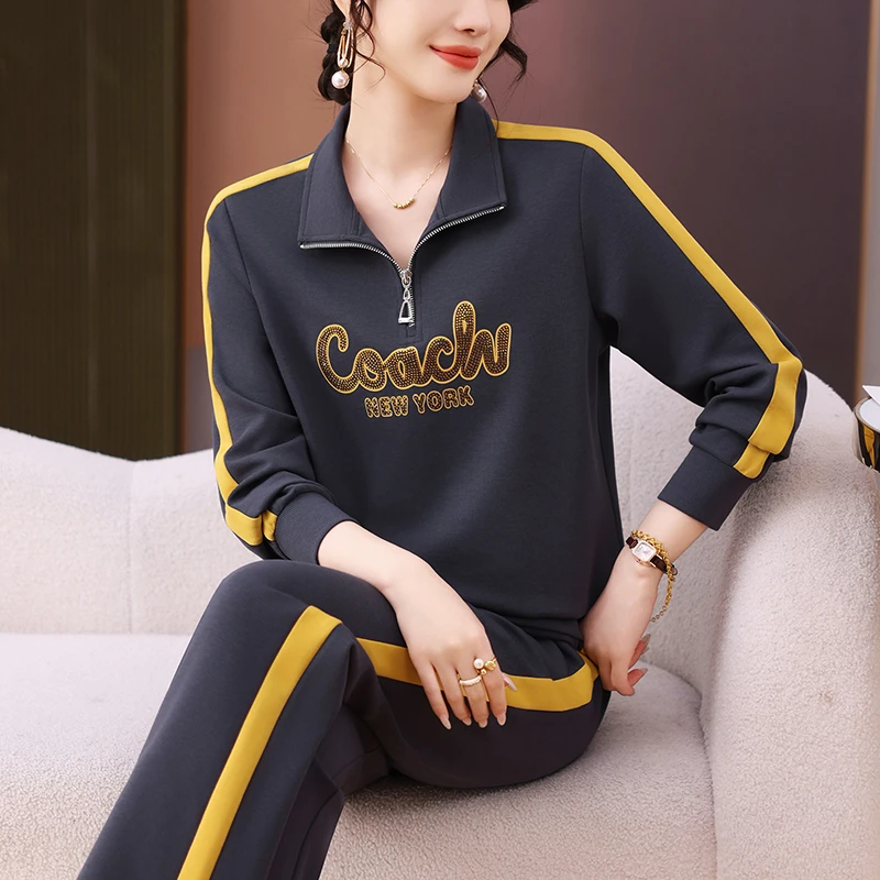 半拉链卫衣套装女春秋宽松休闲大码胖mm运动服2025超火穿搭一整套