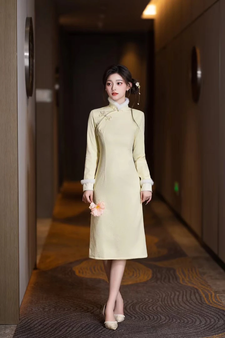 W-2275 泡芙 提花锦 A版冬款加绒加厚年轻款改良旗袍110cm长款