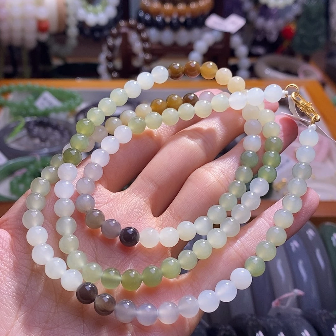 颈饰未镶嵌和田玉多宝银镶项链6MM