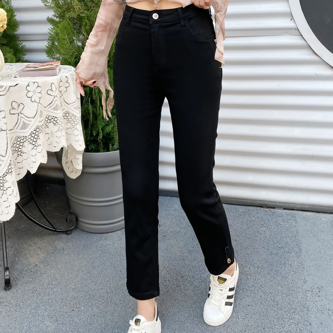 直筒牛仔裤女春秋新款梨形身材胖高腰显瘦弹力烟管裤#2071