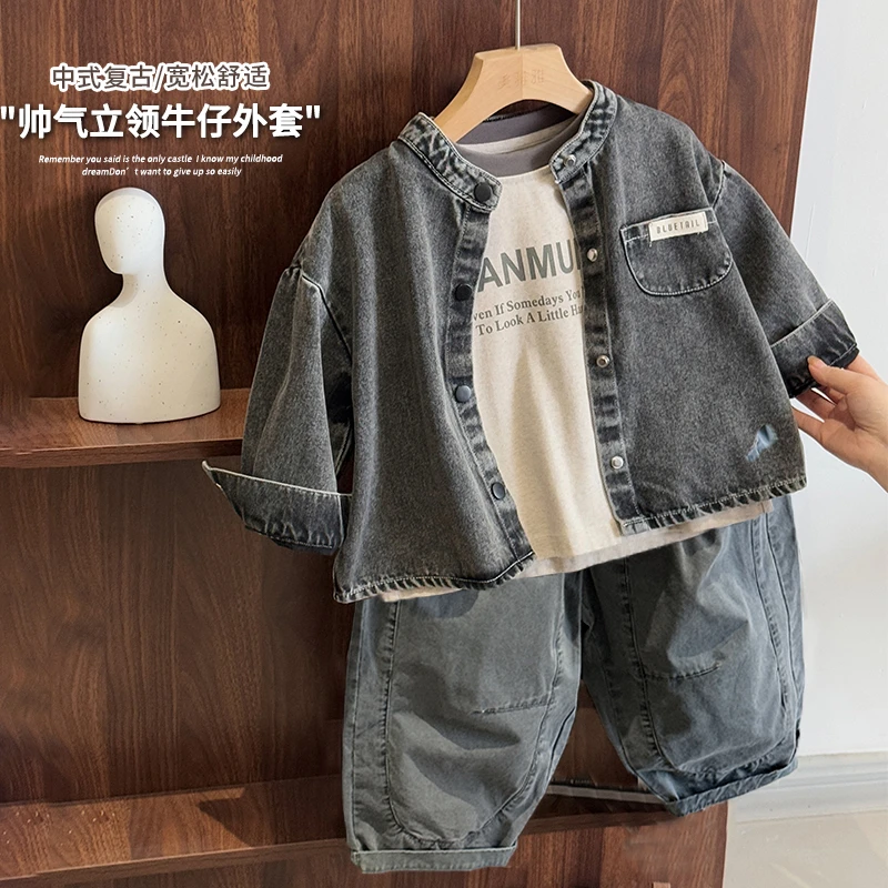 《春上新》春韩版男女童贴布口袋开衫25CL1024复古儿童牛仔立领外套