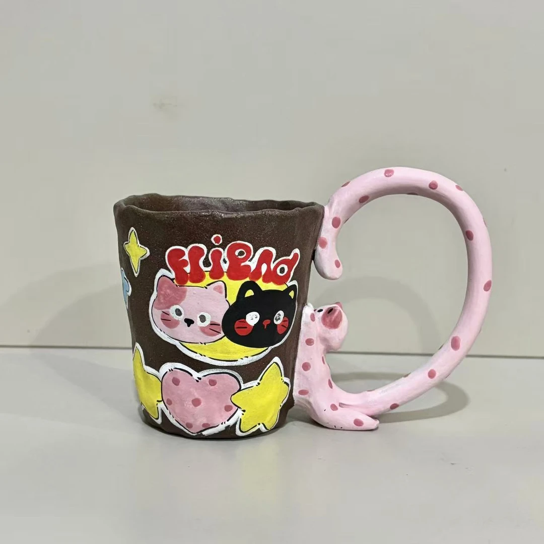 172粉色波点小猫把手紫砂水杯