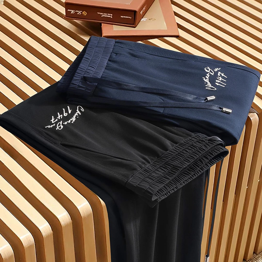 夏季冰丝薄款莫代尔棉撞色刺绣运动裤子男士修身直筒卫裤休闲裤男