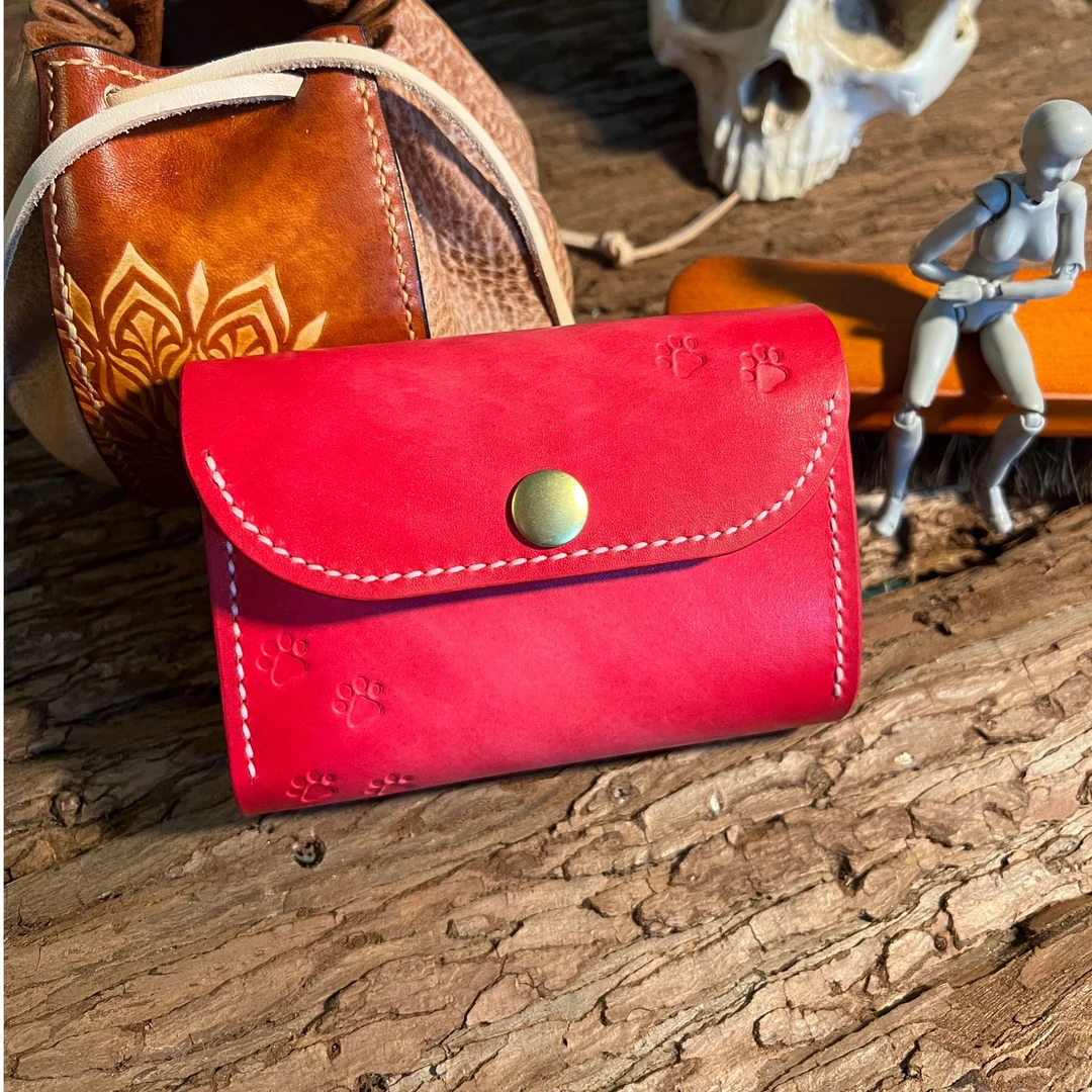 女士纯手工染色三折粉色钱包卡包证件包