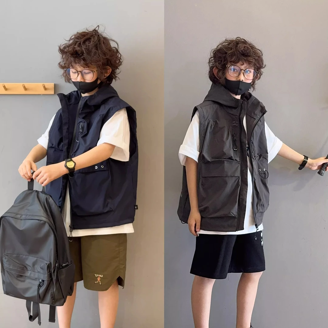 男童春季连帽马甲户外百搭款2025中大童新款防水背心儿童休闲马夹