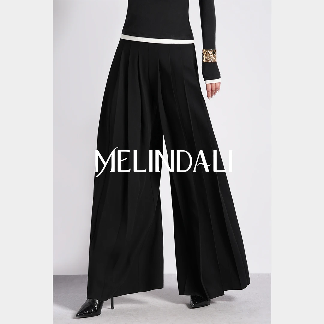 Melinda Li【匠心】梦颖私服醋酸纯色松弛感百褶阔腿裤通勤显瘦裤