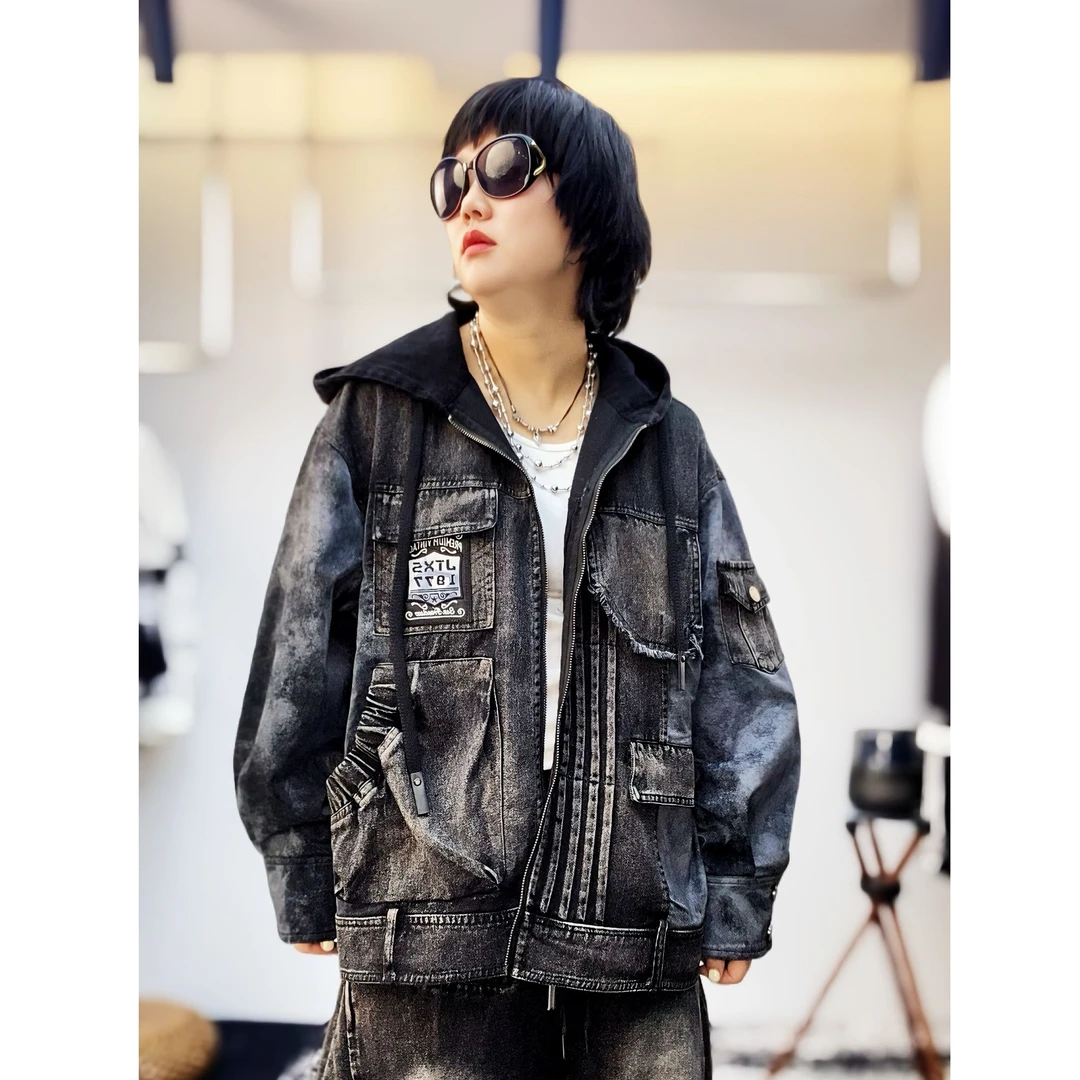 拼接时尚连帽美式牛仔外套蓝黑色潮牌时尚宽松酷帅女
