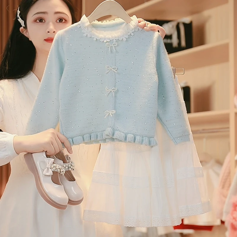 媛媛妈专属春秋季女童新款洋气针织上衣小女孩甜美蝴蝶结套头衫