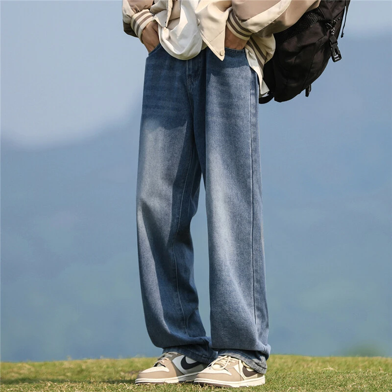休闲牛仔裤宽松直筒后腰百搭薄款男士长裤复古潮流港风大码阔腿裤