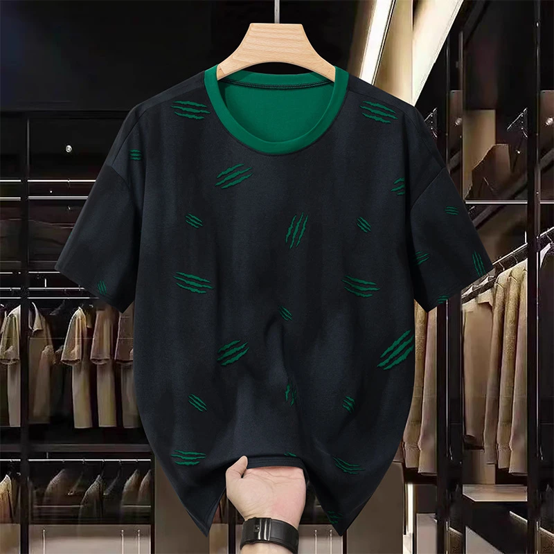 胖哈哈大码美式重工烧花设计感针织T恤夏季潮牌宽松休闲体恤男士
