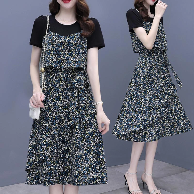 2025年夏季新款优雅通勤风不规则中长裙碎花设计感假两件连衣裙潮
