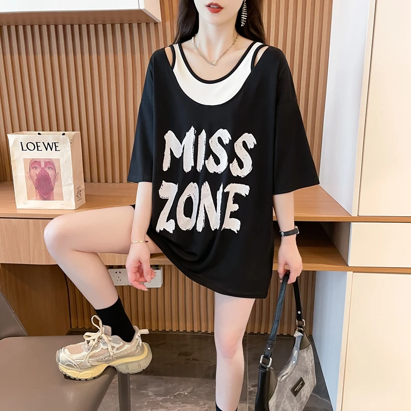 夏季新款假两件短袖T恤女韩版宽松大码时尚设计感双肩镂空上衣ins