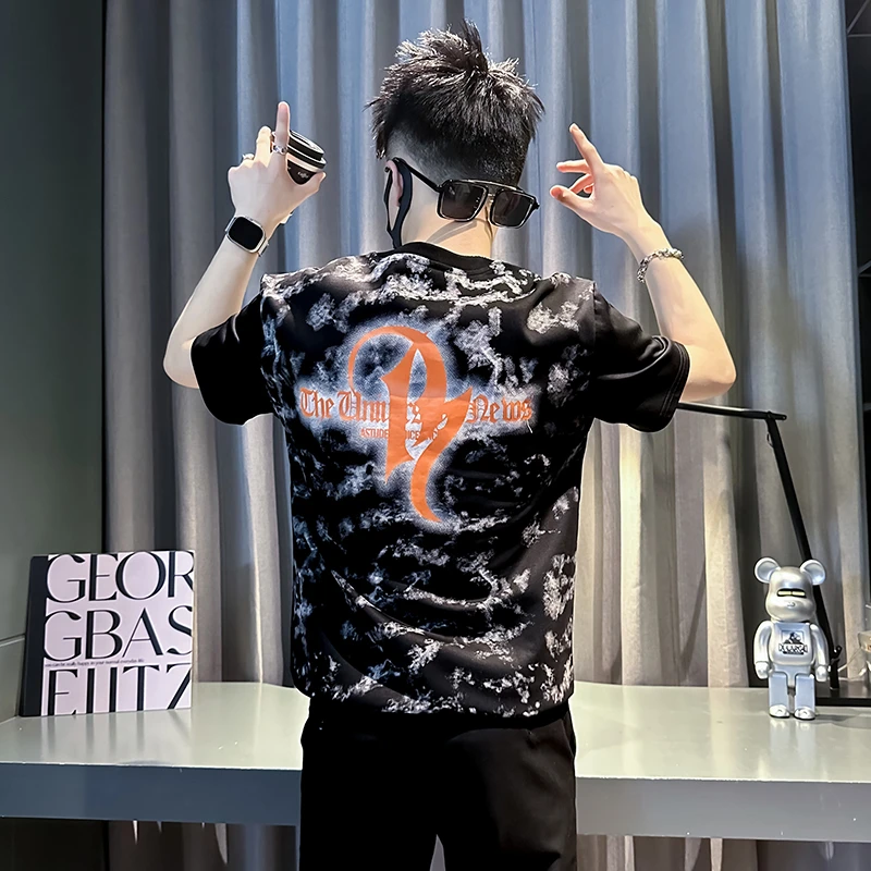 男士短袖t恤夏季2025新款高级感网红洋气炸街扎染印花半袖上衣薄