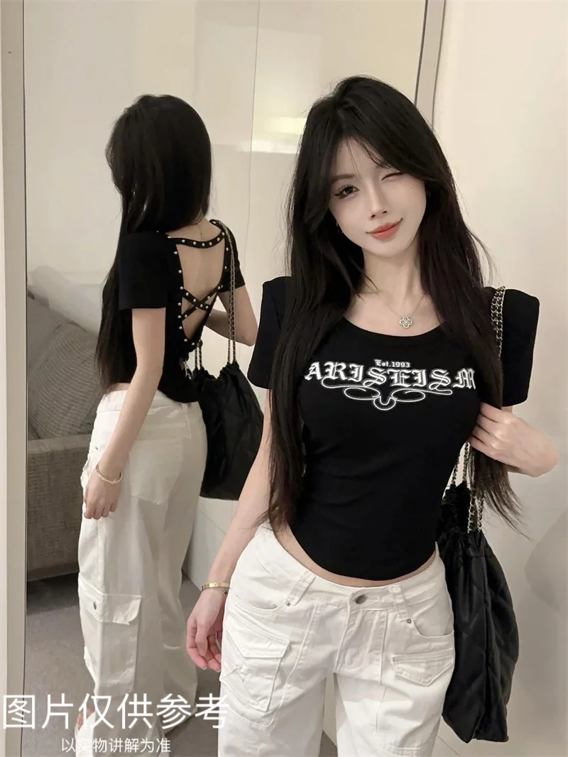 脸脸【美式辣妹】大码显瘦夏季美式辣妹后背镂空上衣
