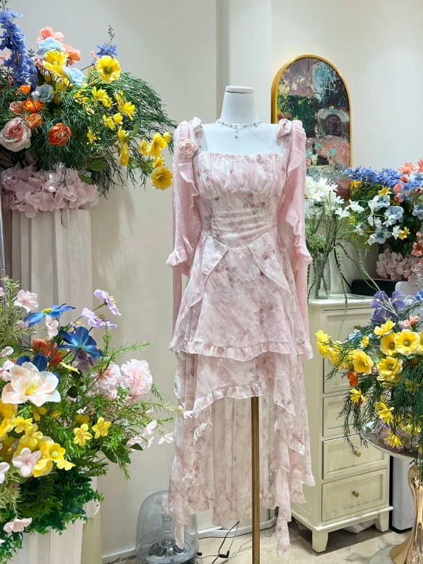 泡泡袖碎花吊带裙气质连衣裙夏季裙子飞飞袖显瘦无袖吊带两件套