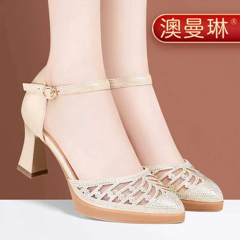 澳曼琳金色婚鞋跳舞演出鞋新款中跟一字扣网纱水钻镂空中空凉鞋女