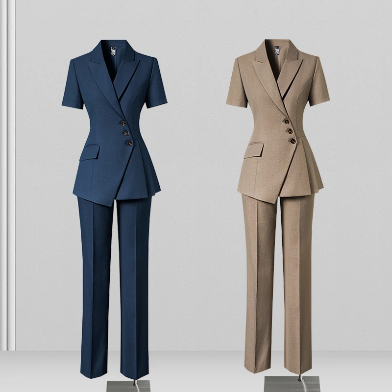 2025【西装套装】三粒扣卡其色夏季短袖薄款轻职风修身工作服职业装