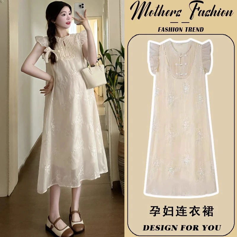 孕妇连衣裙夏季2025新款新中式国风刺绣甜美薄款飞飞袖高级感穿搭