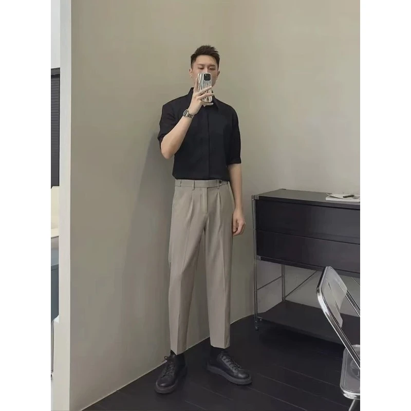 休闲短袖衬衫男夏季轻熟风高级感垂感中袖衬衣痞帅发型师男士穿搭