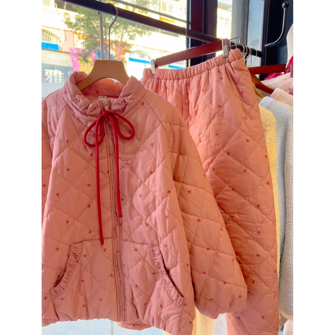 甜美蝴蝶结系带夹棉睡衣女冬季新款加厚棉服保暖家居服套装可外穿