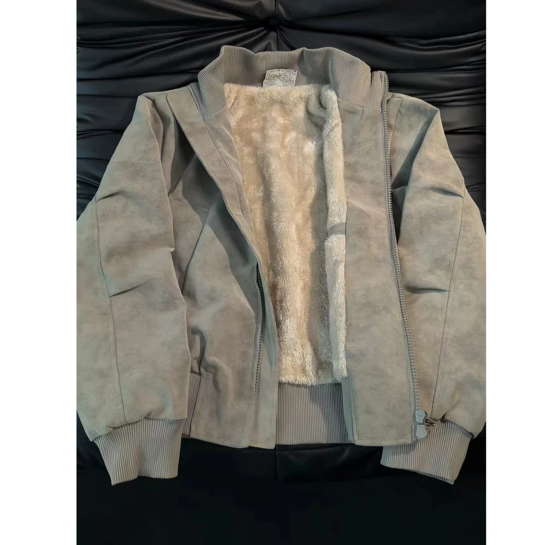 飞行皮衣夹克美式短款扎染廓形冬季男款外套加绒保暖皮衣棒球棉服