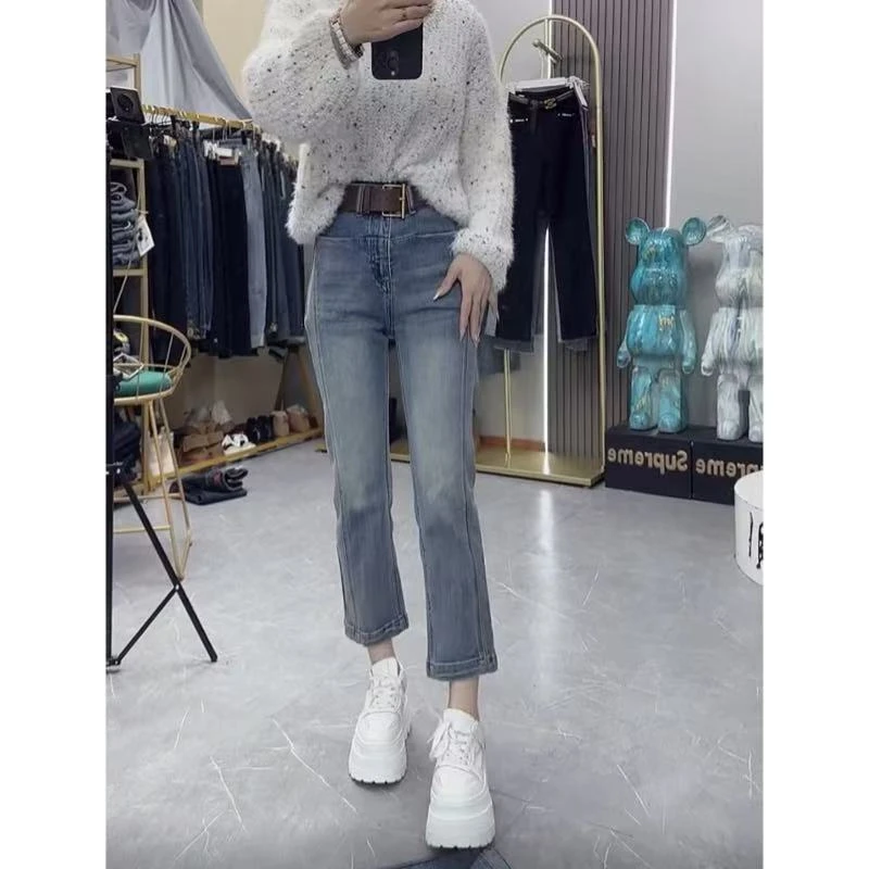 飞芊娅春季新款高腰显瘦直筒牛仔裤梨形身材小个子弹力九分烟管裤