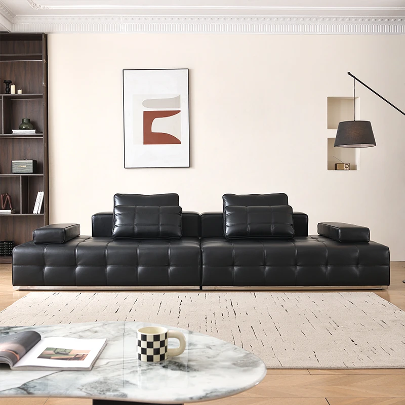 意式极简奢华劳伦斯真皮沙发现代简约大小户型黑色复古直排沙发
