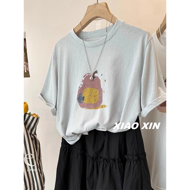 雪花棉高级感遮肚子宽松显瘦短袖T恤女夏季新款胖mm大码200斤