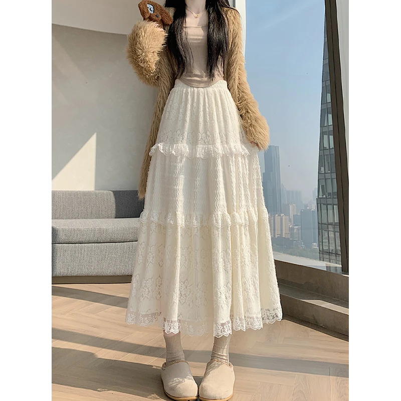 蕾丝拼接蛋糕半身裙女秋冬2025新款高腰垂感a字法式甜美伞裙长裙