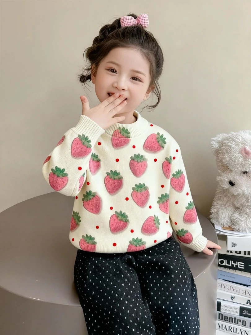 2025新款韩国绒草莓印花卡通女童长袖圆领秋冬季套头儿童加厚毛衣