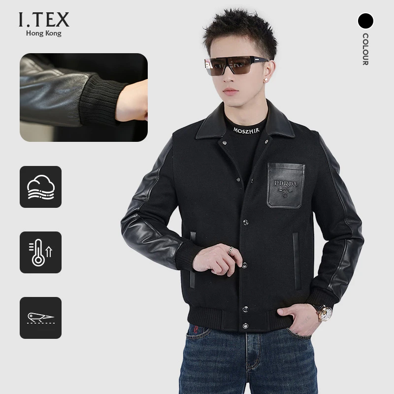 【 I.TEX】冬季轻奢针织羽绒服男士绵羊皮翻领百搭个性拼皮修身外套