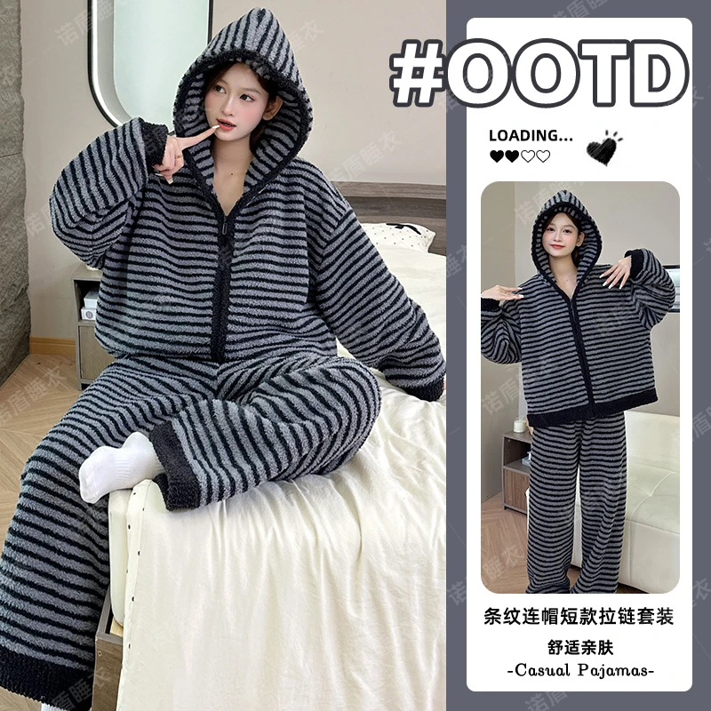 半边绒2025冬季新款加绒加厚睡衣女士连帽保暖可外穿家居服套装