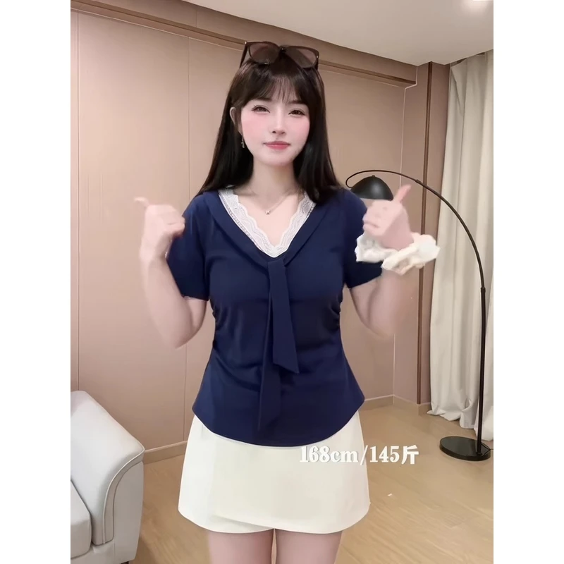 藏青色V领蕾丝拼接披肩短袖上衣女高级感夏季微胖mm遮肚子显瘦T恤