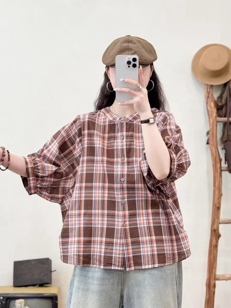 棉麻减龄格子衬衫女2025夏新款宽松中袖防晒衬衣夏季薄款衬衫