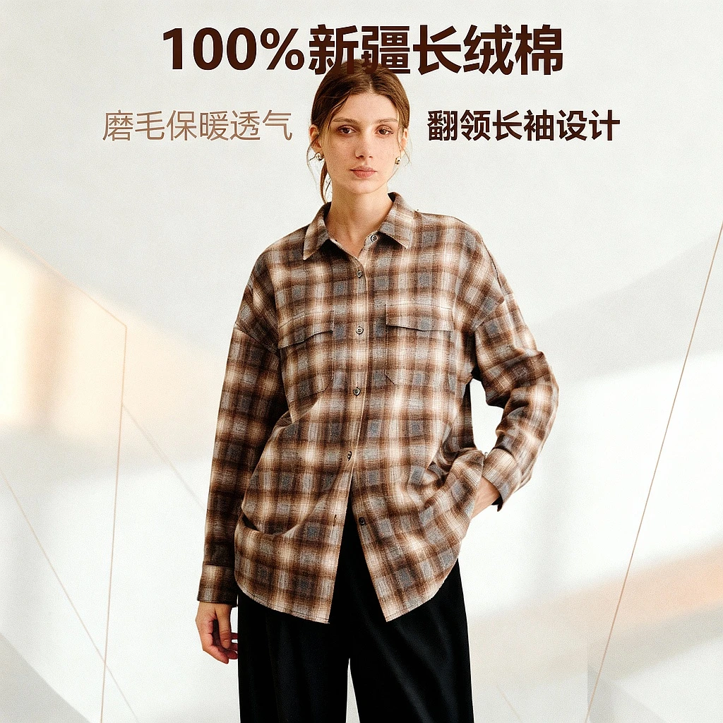 鲸乎100%棉美式复古格子磨毛衬衫女25秋冬宽松叠穿纯棉外套上衣