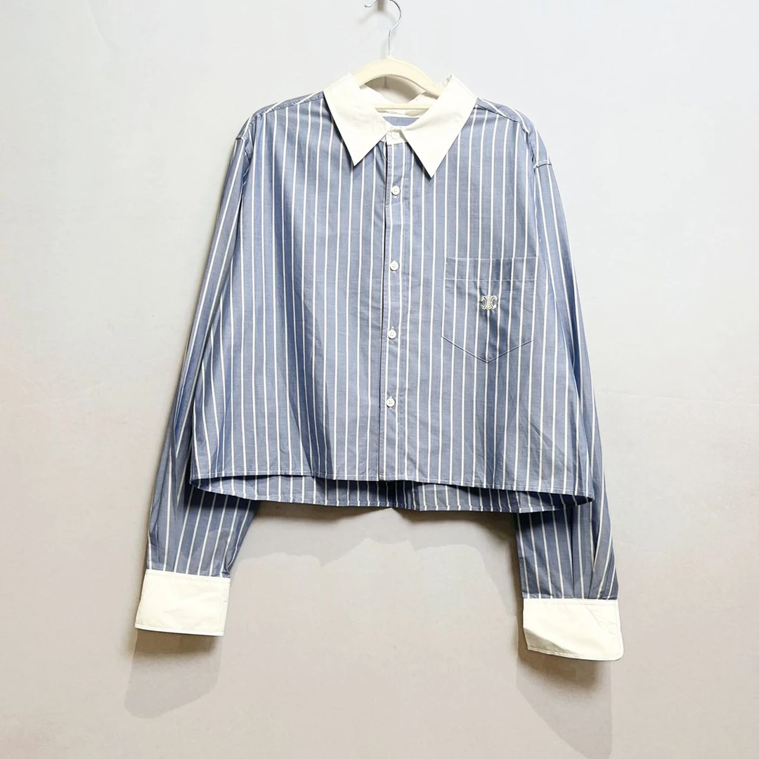 99新 Alexander McQueen/亚历山大·麦昆 蓝白竖纹刺绣短款衬衫