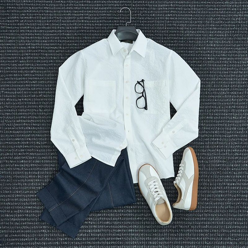 There isrice男士商务泡泡纱衬衫外套高级感休闲白色免烫衬衣长袖