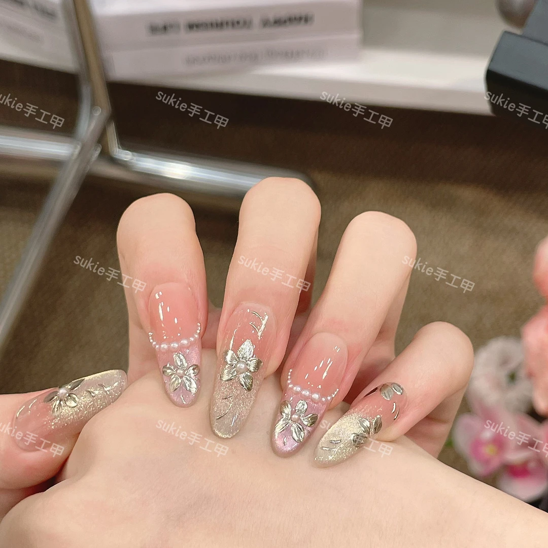 【金枝玉贵】爆款显白猫眼法式手绘小花手工穿戴甲美甲10片装甲片