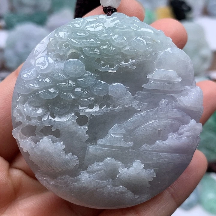 翡翠未镶嵌颈饰山水两面工艺卡厚12+