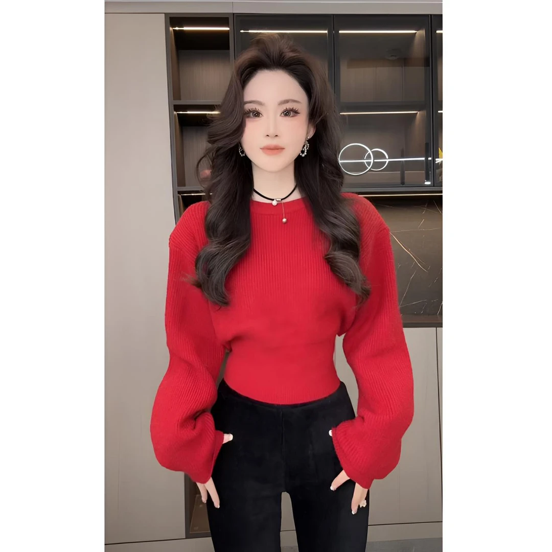 睿夕【韩女穿搭】韩版刺绣辣妹后背镂空系扣收腰毛衣