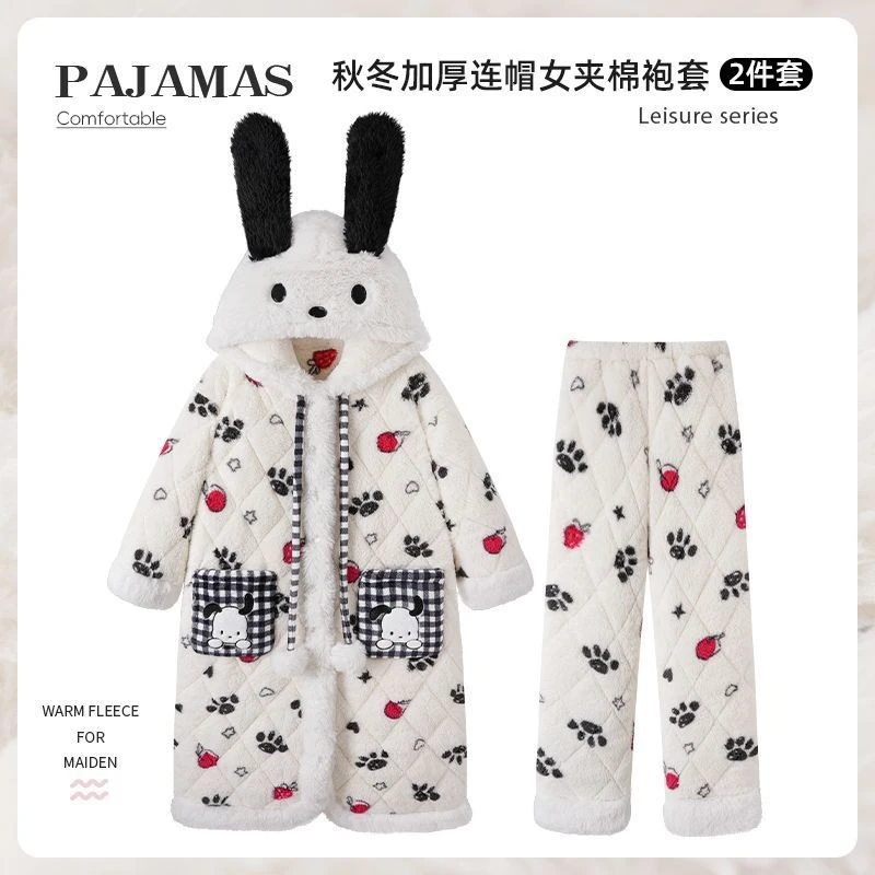 2025秋冬款新款加绒加厚三层夹棉珊瑚绒可爱狗狗睡衣家居服套装女